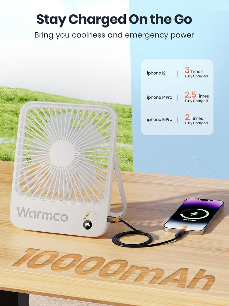 Warmco 10000mAh Portable Travel Fan 7-inch, Max 24H Runtime, Ultra-thin Quiet Rechargeable Battery Operated Desk Fan with Digital Display for Camping, Office, Bedroom, Cruise Essentials White - Image 5